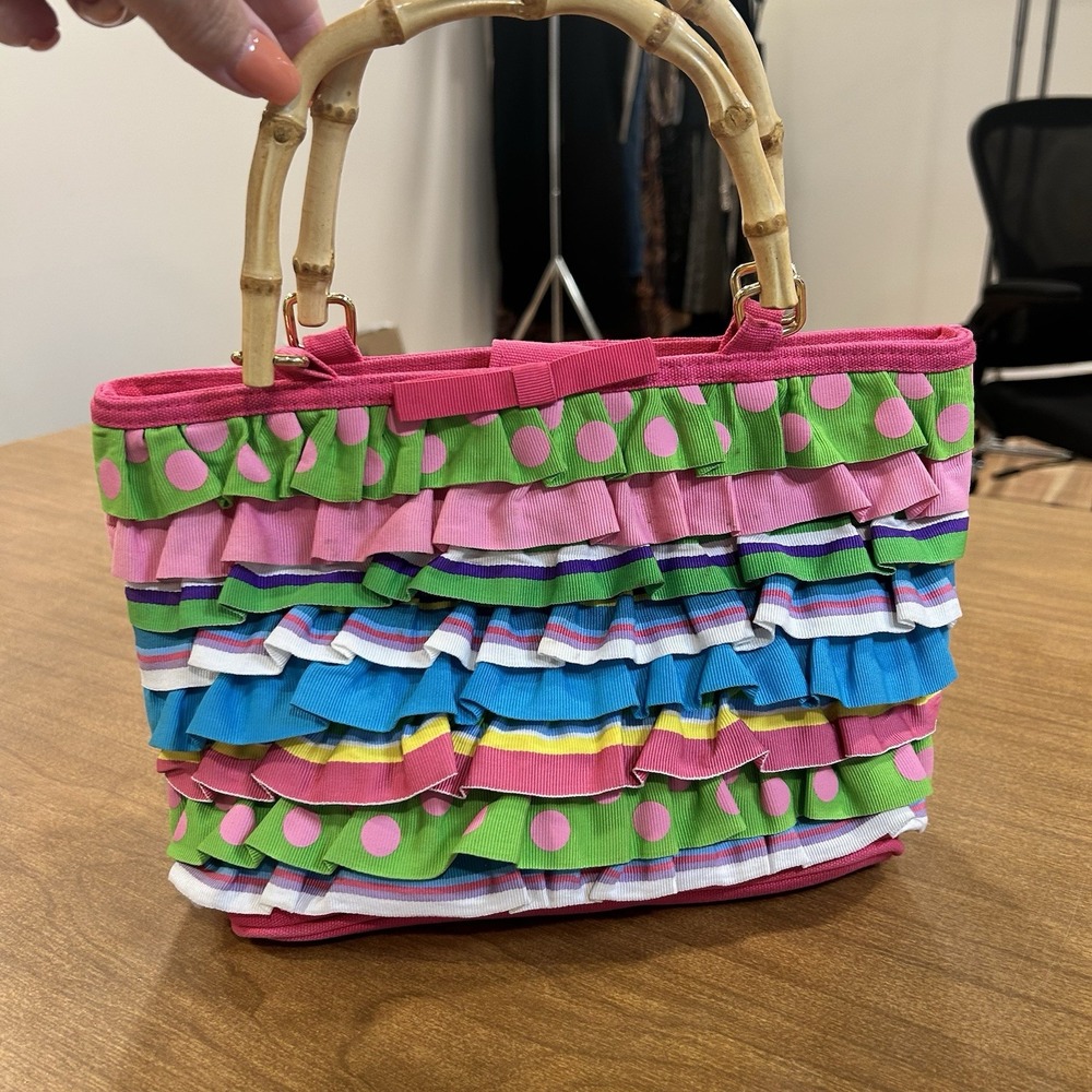 Braciano Top Handle Bag Womens Rainbow Striped Pleated Bamboo Bow Purse *SPOT*